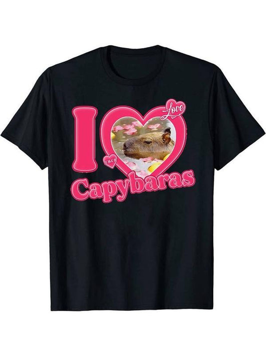 [100% Cotton] I Love Capybaras" Men's Casual Short Sleeve Crew Neck T-Shirt Men's Tee Outfits Summer Clothing