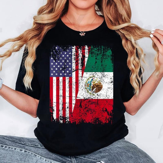 [100% Cotton] MEXICAN ROOTS | Half American Flag | MEXICO T-Shirt