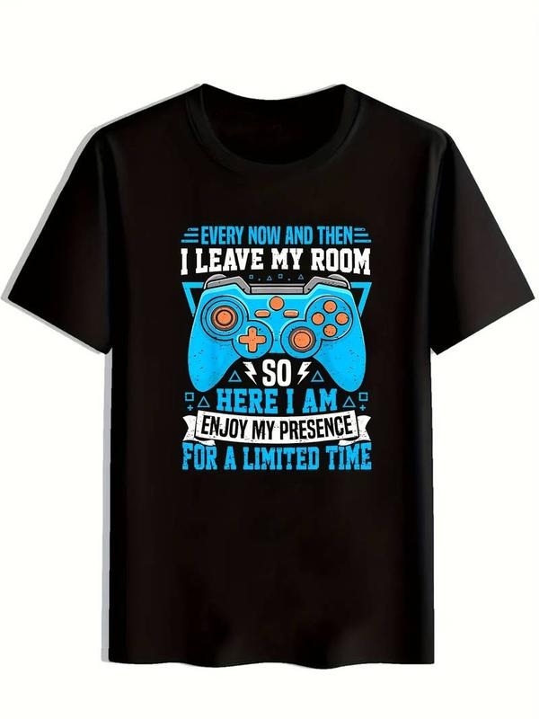 [100% Cotton]Men's Casual Crew Neck T-Shirt with Gaming Controller Print, Polyester 95% Elastane 5%, Short Sleeve, Regular Fit, Summer Knit Fabric Top for Weekend Casual Wear, Letter Print, Daily Casual Shirt