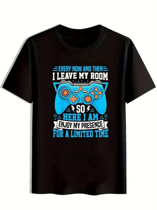 [100% Cotton]Men's Casual Crew Neck T-Shirt with Gaming Controller Print, Polyester 95% Elastane 5%, Short Sleeve, Regular Fit, Summer Knit Fabric Top for Weekend Casual Wear, Letter Print, Daily Casual Shirt