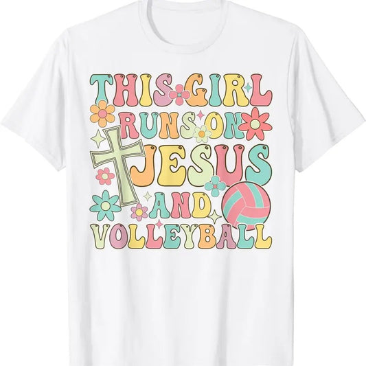 [100% Cotton]This Girl Runs On Jesus And Volleyball Volleyball Girl T-Shirt