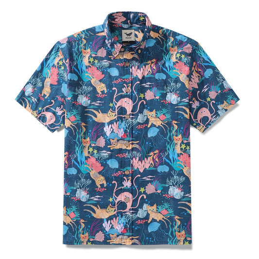 Funny Hawaiian Shirt For Men Dive Print Cotton Button-down Short Sleeve Cat Aloha Shirt Fun Dive By Pallavi Chaudhary