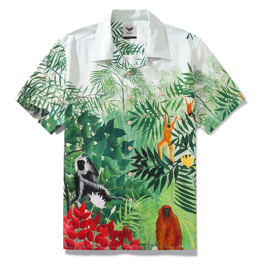 100% Silk Vintage Hawaiian Shirt For Tropical Forest and Monkeys Camp Collar Silk Shirt Tropical Forest And Monkeys ( Silk )