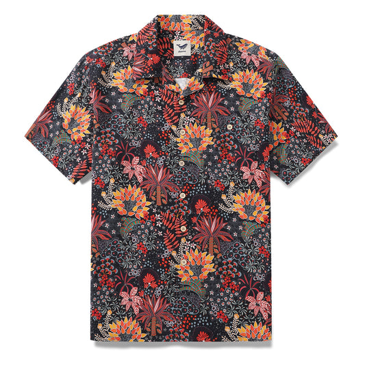 100% Silk Men's Hawaiian Shirt Quirky Plants Print Camp collar Short Sleeve Aloha Shirt - Silk Quirky Plants (silk)