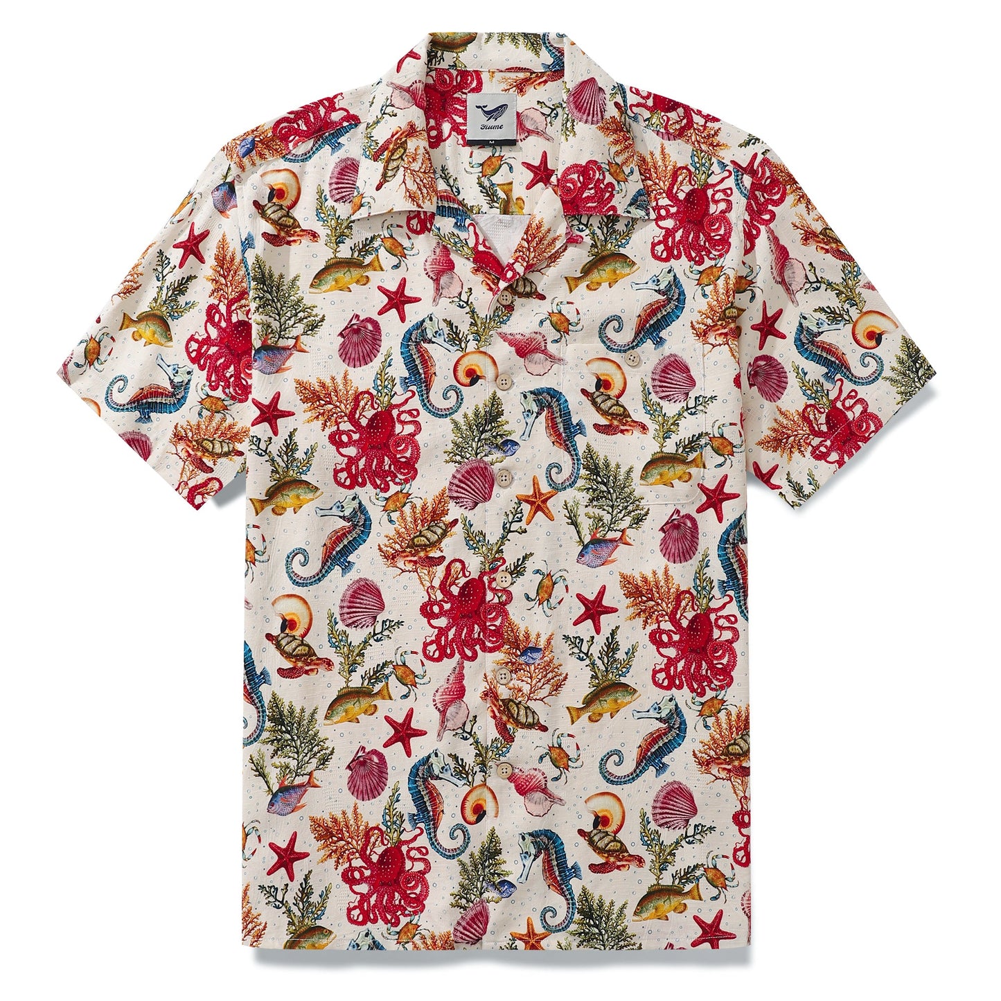 100% Silk Men's Hawaiian Shirt Marine Life Seahorse Octopus Print Camp collar Short Sleeve Aloha Shirt - Silk Marine Life - Silk