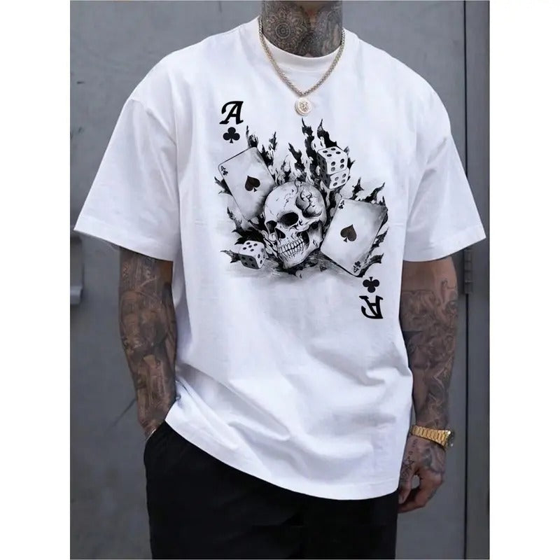 1pc Men's Graphic Skull and Poker Card Printed Short Sleeved Casual Fashion Summer T-Shirt - Vibrant Colors, Soft Fabric, Relaxed Fit, Perfect for Outdoor Activities and Casual Wear Made in USA