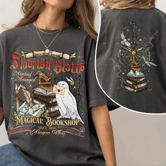 2 Slides, Flourish and Blotts T-Shirt, Wizard Book Shop Shirt, Wizard Shop, Broomstick Wizard Shirt, HP Fan Gift Potterhead Shirt Crewneck Shortsleeve