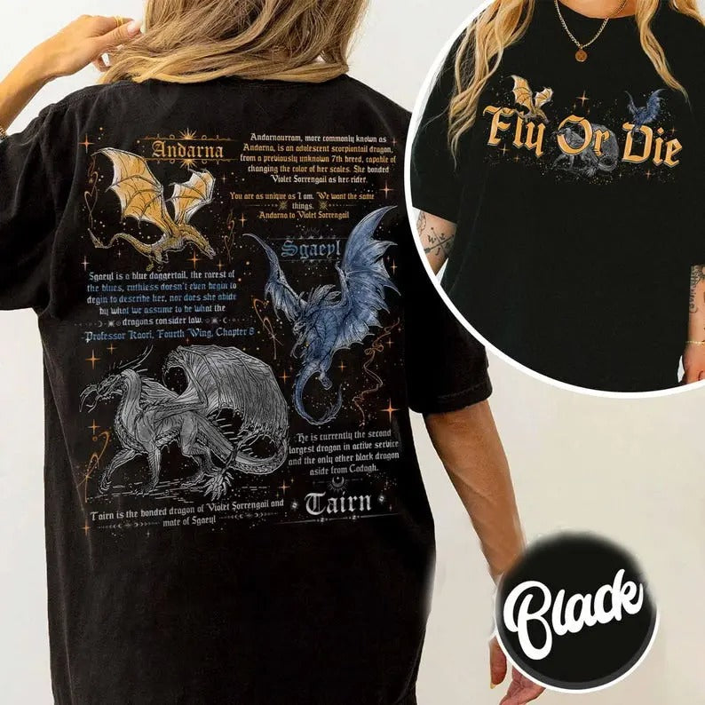 2 Slides, Fly or Die tshirt, Tairn Andarna Sgaeyl, Basgiath War College Shirt, Bookish Gift for Readers, Fourth Wing, Dragon Rider tshirt Womenswear