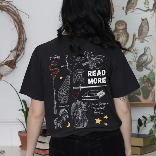 2 slides,  Read Morre Books - Fantasy Reader tee - Bookish, Dragons, Enemies to Lovers, Magic, Angel wings, Greek retelling, Unisex T-shirt Shortsleeve Cotton Crewneck