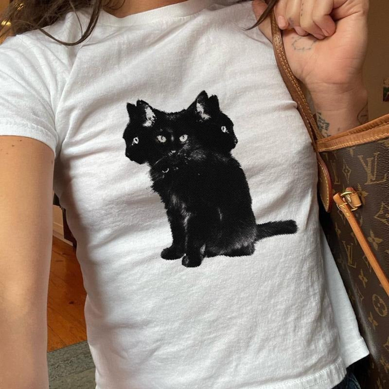 3 Headed Cat Baby Tee, Graphic, Spooky Halloween Graphic Tee, Grunge Emo Top, Y2K Fashion, Gothic Tees, Autumn, Softstyle