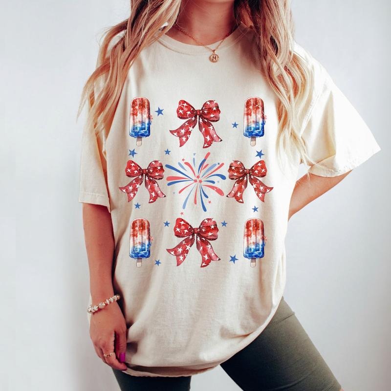 4th Of July Shirts, Retro Fourth Of July T-shirt, Coquette 4th of July Shirt, Bow Shirt, Ice Cream 4th Of July Shirt, Summer Tee, Independence Gifts, Women's Tops, USA Graphic Tee For Her, Shirts For Women