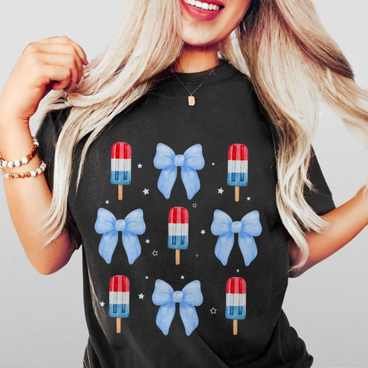 4th of July Popsicle and Coquette Bow Shirt, Patriotic T-Shirt, Independence Day Outfit, USA Flag Popsicle Tee, Retro 4th of July Design, Women's Casual Wear, Comfortable Summer Top, July 4th Celebration Shirt, Red White and Blue