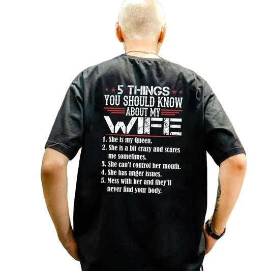 5 Things You Should Know About My Wife T Shirt Print On Back, Husband Shirt, Gift From Wife, Unisex Short Sleeve Tee, Classic Streetwear