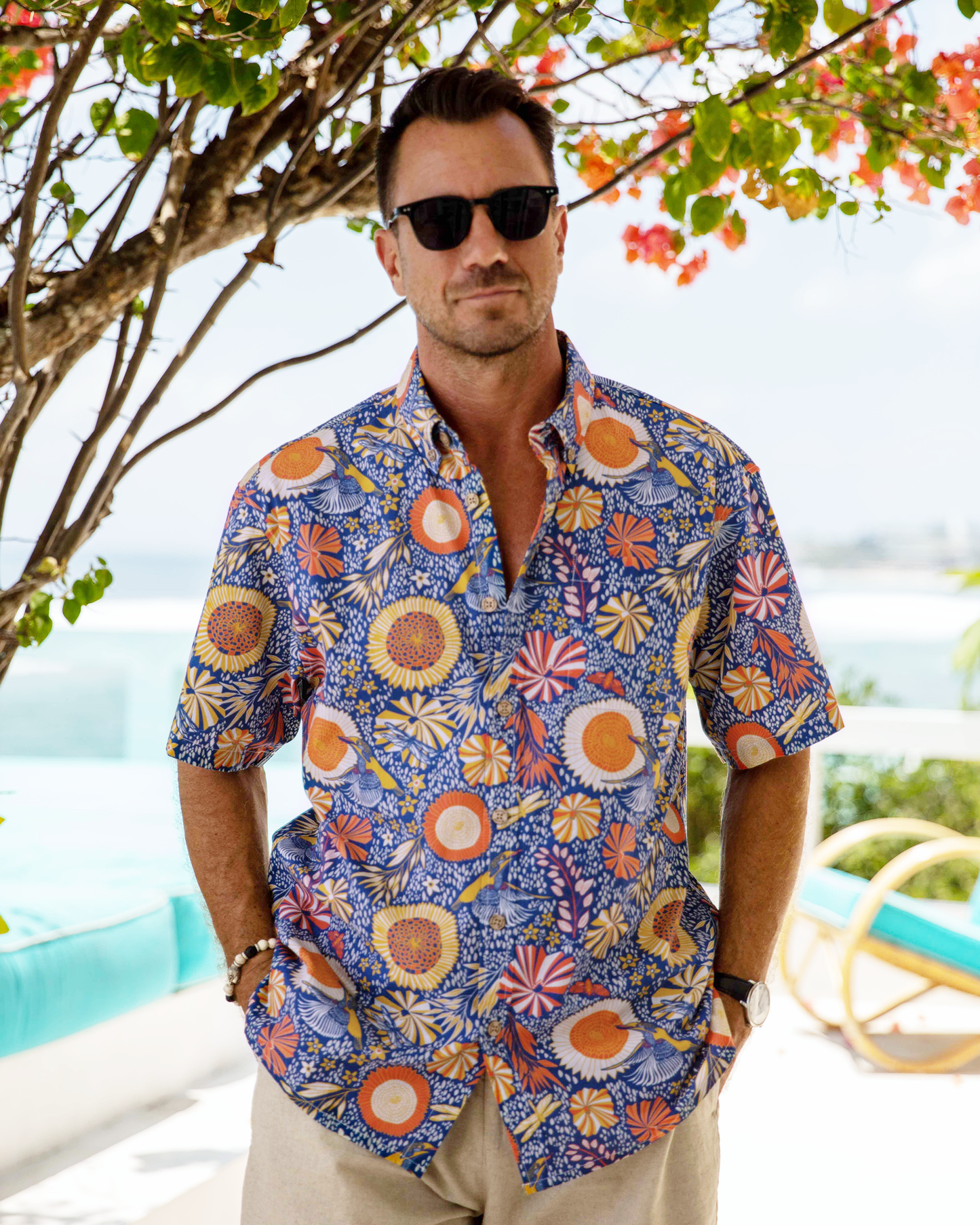 Men's Hawaiian Shirt 1960s Vintage Kingfisher and Flowers Print Cotton Button-down Short Sleeve Aloha Shirt Kingfisher And Flowers By Nina Leth