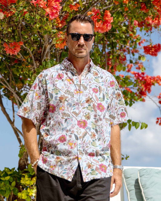 1930s Vintage Hawaiian Shirt For Men Chintz Spring Colors Print Cotton Short Sleeve Aloha Shirt Chintz Spring Colors By Christina Brimage