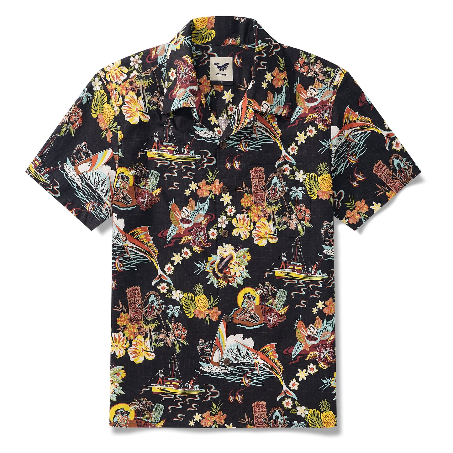 Men's Vintage Hawaiian Shirt Black Tiki Shirt Short Sleeve Camp Collar 100% Cotton Aloha Shirt Vintage Aloha