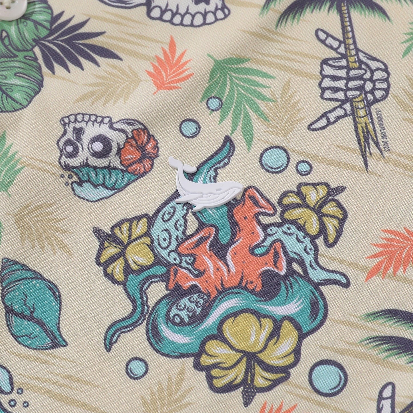 Men's Hawaiian Polo Shirt Tropical Wilderness Skull 1990s Vintage Short Sleeve Polo Shirt Tropical Wilderness Skull By Loinda Flow Polo