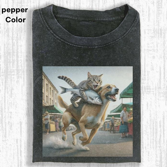 A vibrant street market scene. A large dog, Cat Shirt, WACKY CAT T-SHIRT, FUNNY CUTE CAT, funny shirts for women, Womenswear Cotton Top