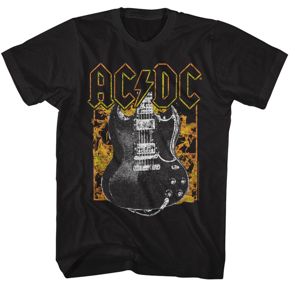 ACDC - Fire And Guitar - American Classics - Solid Black Adult Short Sleeve T-Shirt