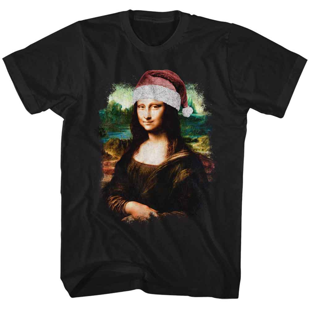 Art Gallery - Mona Lisa In Santa Hat - American Classics - Solid Black Adult Short Sleeve T-Shirt