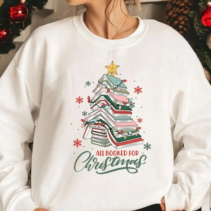 All Booked For Christmas Shirt Gift for Librarian,Bookworm Christmas Shirt,Christmas Book Tree Shirts,Book Lovers Christmas
