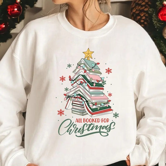All Booked For Christmas Shirt Gift for Librarian,Bookworm Christmas Shirt,Christmas Book Tree Shirts,Book Lovers Christmas