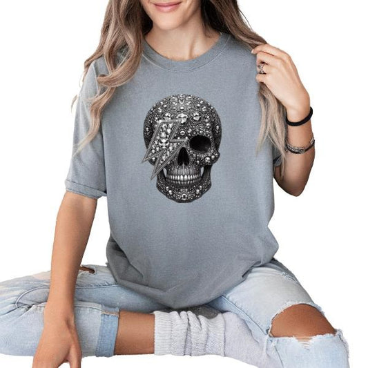 Shine in Darkness: Faux Silver Rhinestone Skull Tee - Grunge/Alt Aesthetic | Dark Vibes for Skull & Skeleton Lovers | Gothic Witchcraft Style | Available in Sizes Small to 5XL | Perfect for Dark Fashion & Alternative Looks | Embrace Your Inner Gothic Edge