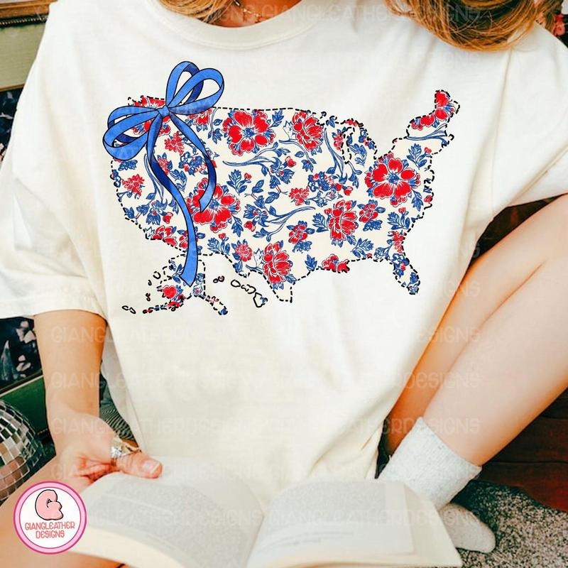 America Map Bow Shirt, 4th of July Shirt, Floral USA , Retro Coquette Bow, Chinoiserie USA map, America , Patriotic , America Bow