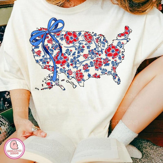 America Map Bow Shirt, 4th of July Shirt, Floral USA , Retro Coquette Bow, Chinoiserie USA map, America , Patriotic , America Bow