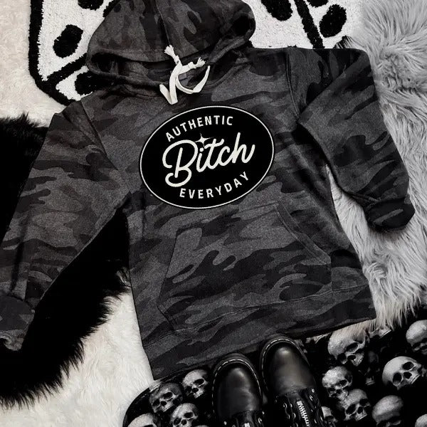 Authentic Bi$ch Camo Hoodie Black Crewneck Sweatshirt | Punk Alt Grunge Goth Skeleton Style Retro Cotton Comfort Casual Aesthetic Menswear Vintage