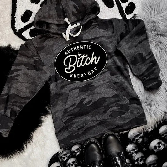 Authentic Bi$ch Camo Hoodie Black Crewneck Sweatshirt | Punk Alt Grunge Goth Skeleton Style Retro Cotton Comfort Casual Aesthetic Menswear Vintage