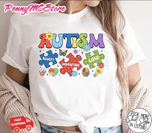 Autism Accept Understand Love Shirt, Autism Awareness Shirt, Autism Teacher Shirt,Autism Support tee, Teacher Shirt, Autism Mom Ribbon Shirt Cotton Sleeve