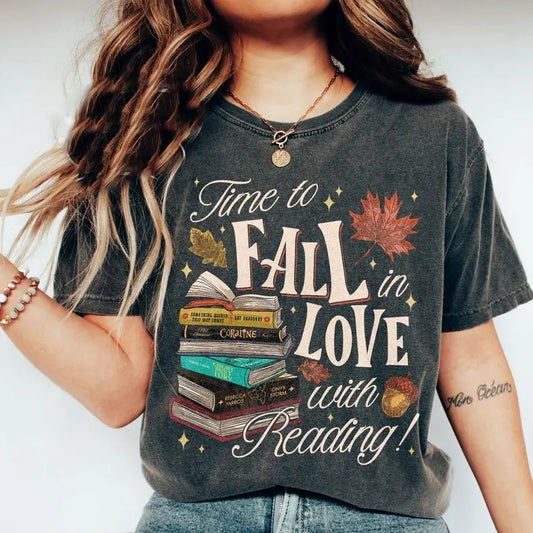 Autumn Books  Shirt, Time To Fall In Love With Reading T-Shirt, Fall Shirts For Book Lover, Halloween Gift T-shirt Cotton Crewneck Shortsleeve Basic