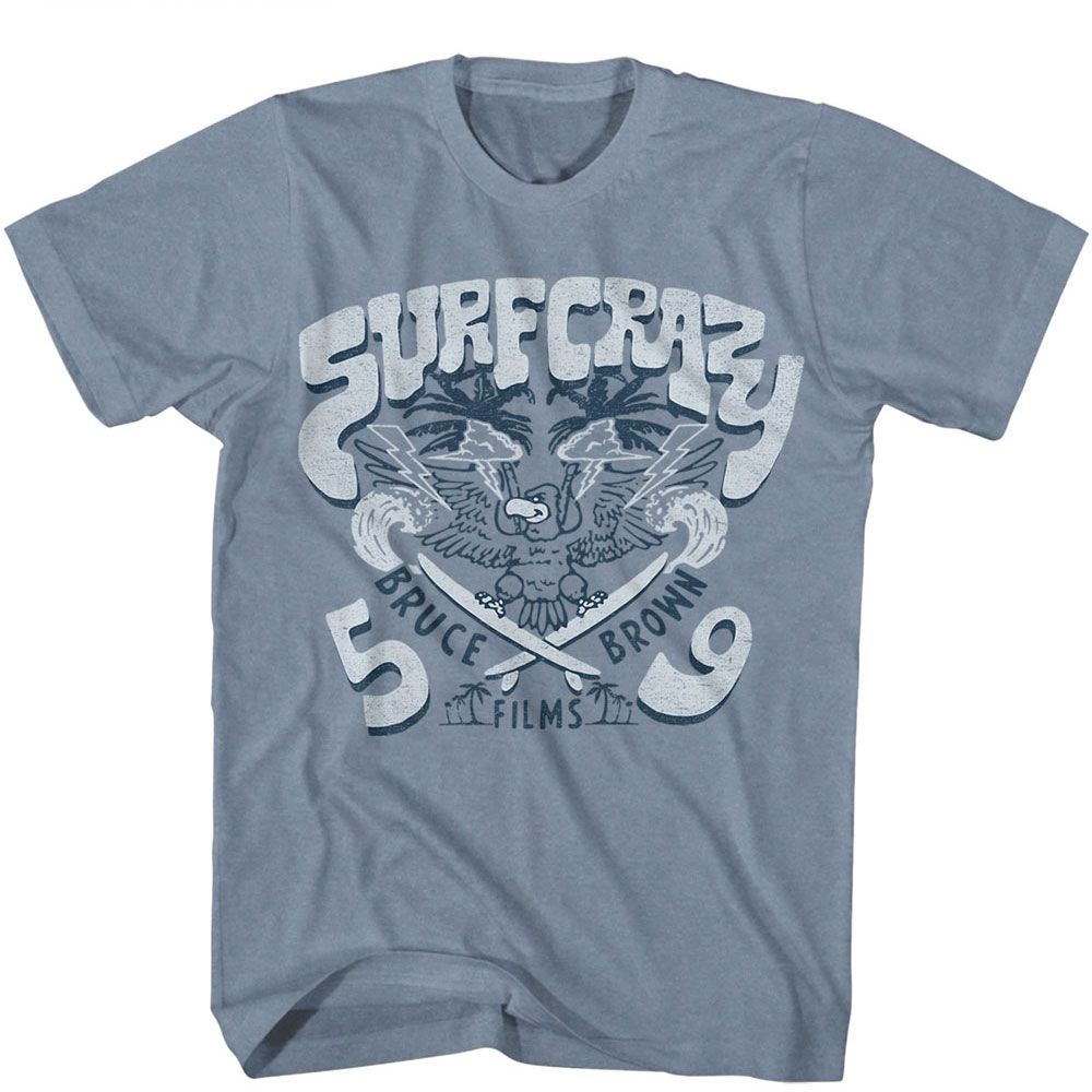 Bruce Brown Films - Surf Crazy - American Classics - Heather Blue Adult Short Sleeve T-Shirt