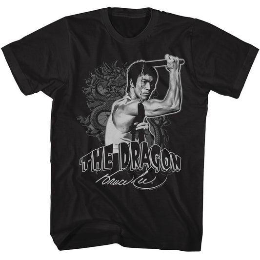 Bruce Lee - Dragon And Nunchucks - American Classics - Solid Black Adult Short Sleeve T-Shirt