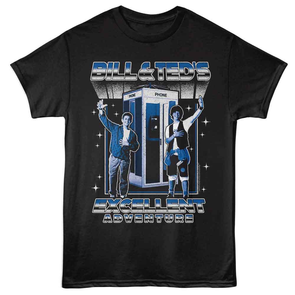 Bill And Ted - Phone Booth And Stars - American Classics - Front Print Black Adult Short Sleeve T-Shirt