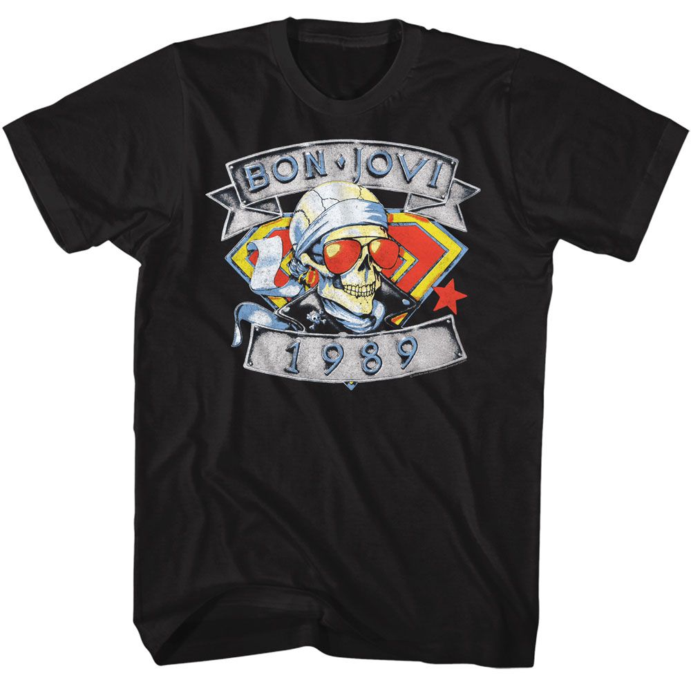 Bon Jovi - 1989 Skull Man - American Classics - Solid Black Adult Short Sleeve T-Shirt
