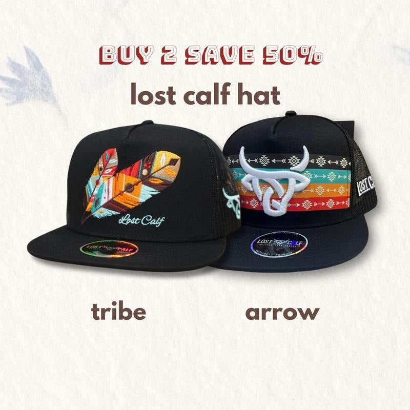 BUY1 GET 1 FREE Set 2 LOST CALF Hat, Lost Calf Mens Tribe Flat Bill Adjustable Snapback Cap Hat, Lost Calf Aztec Arrow-White Logo Black Mesh Hat Western hat, Country hat-NEW
