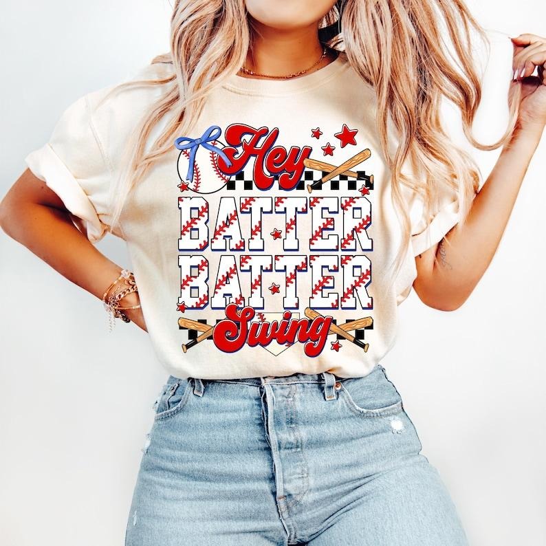 Baseball Hey Batter Batter Swing, Game Day, Coquette Baseball Mama, Funny Baseball Tshirt