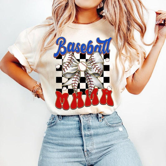 Baseball Mama, Game Day Baseball, Retro Bow, Checkered Baseball T-shirt