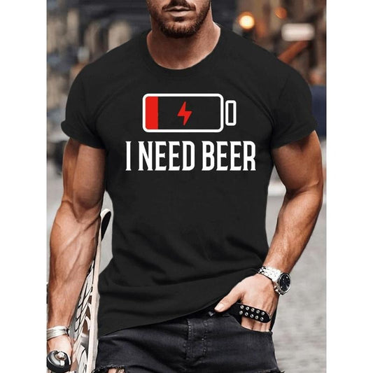 Beer Lover's Graphic Tee - Relaxed Fit, Stretchy Round Neck, Casual Street Style, Summer Essential, Funny Humor Print, Men's T-Shirt Made in USA