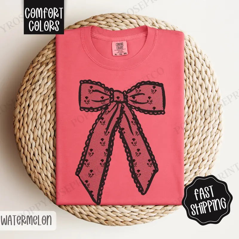 Black Lace Bow Shirt Comfort Colors, Women's Black Bow Tee, Cute Women's Tshirt