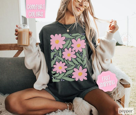 Boho Floral 9 Shirt Comfort Colors, Wildflower Tshirt, Boho Tee, Oversized Women's Shirt, Floral Abstract Tee