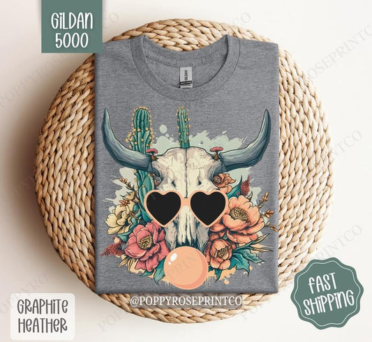Boho Floral Skull Shirt Gildan, Desert Cow Floral Tshirt, Western Shirtsstyle{n002}2