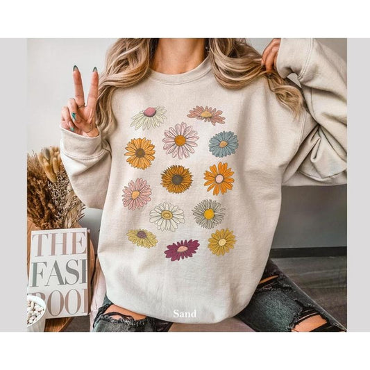Boho Flower Sweatshirt Unisex Wildflower Shirt Women Floral Minimalist Sweater Flower Print Sweatshirt Women Gift Oversized Flower Sweater
