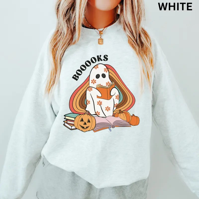 Books Ghost Sweatshirt, Halloween Crewneck Unisex, Booklover Sweatshirt, Halloween Graphic Crewneck, Cotton Pullover Spooky Season Sweater