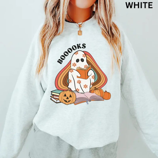 Books Ghost Sweatshirt, Halloween Crewneck Unisex, Booklover Sweatshirt, Halloween Graphic Crewneck, Cotton Pullover Spooky Season Sweater