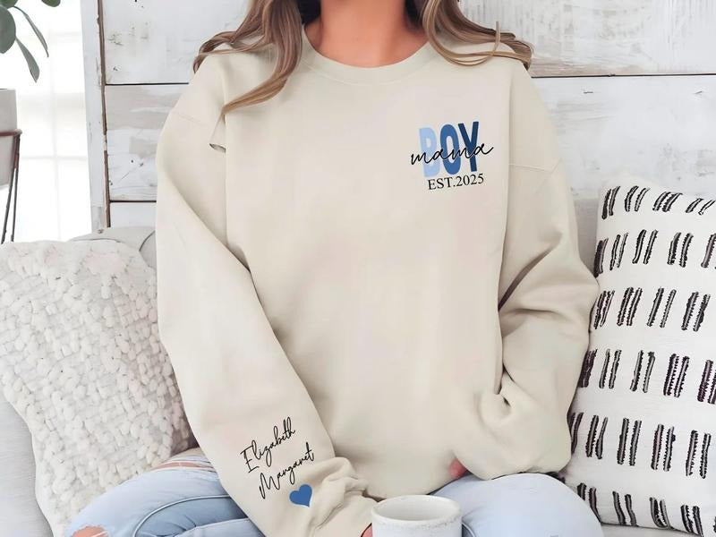 Boy Mama Custom Sweatshirt, Mom Custom Name On Sleeve With Heart Hoodie, Mom of Boy Shirt With Date, Boy Mom Est Year Shirt, Mother's Day Gift