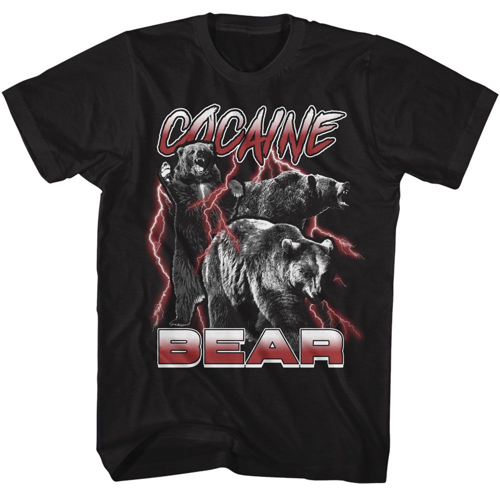 Cocaine Bear - Black & White With Lightning - American Classics - Solid Black Adult Short Sleeve T-Shirt