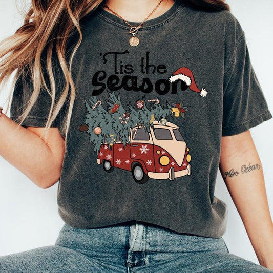 CHRISTMAS VAN T-SHIRT (COMFORT COLORS T-SHIRT, CASUAL SHIRT UNISEX, CHRISTMAS CLOTHING, GRAPHIC APPAREL, HOLIDAY SHIRT) Cotton Fabric